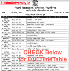 Siddharth University BA Time Table 1st:2nd:3rd First Second Third year 2018