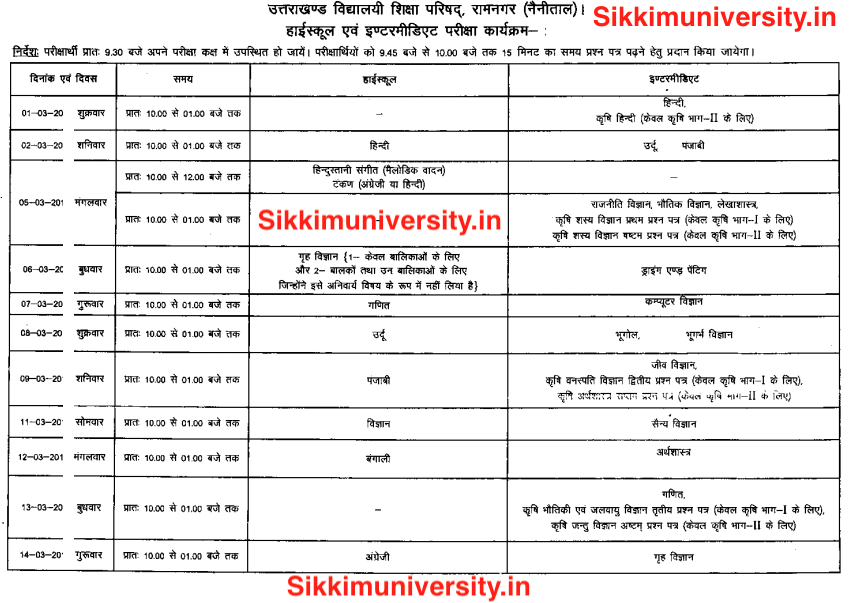 Uttarakhand Board 10th 12th Date Sheet 2020